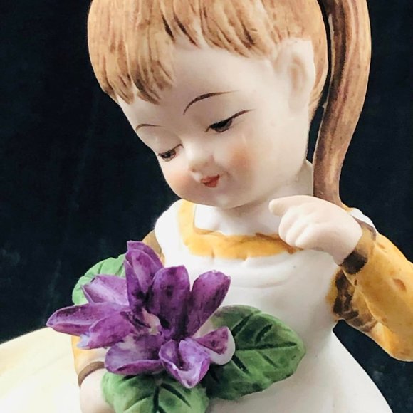 Vintage Bisque Porcelain Lefton February Girl Ponytail Violets Girl of the Month - Picture 7 of 9